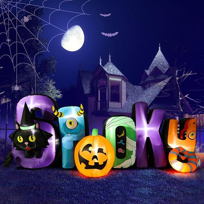 MUMTOP 8.85 Ft Long Inflatable Outdoor Halloween Decoration, Inflatables Spooky Sign with Black Cat Halloween Pumpkin Decorations Blow Up with Built-in LED Lights for Yard Party Holiday Garden Decor