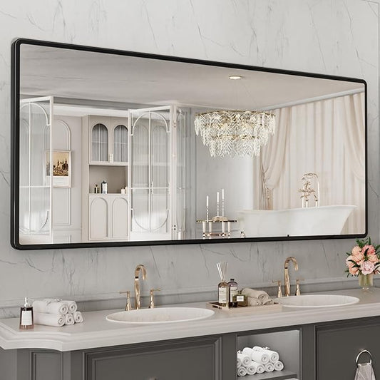 New Upgrade 72X36 Inch Wall Mounted Bathroom Mirror, Black Metal Frame Rounded Rectangle Mirror, Bathroom Vanity Mirror with Tempered Glass for Washroom Bedroom Living Room