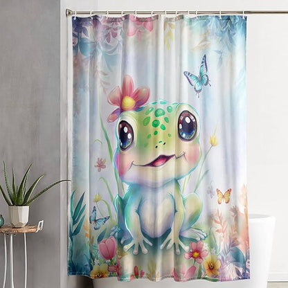 AILONEN Cartoon Frog Shower Curtain,Kawaii Frog Waterproof Fabric Bath Curtain for Kids Girls,Watercolor Blue Flower with Butterfly Shower Curtain Set for Bathroom with Hooks,48" W*72" H