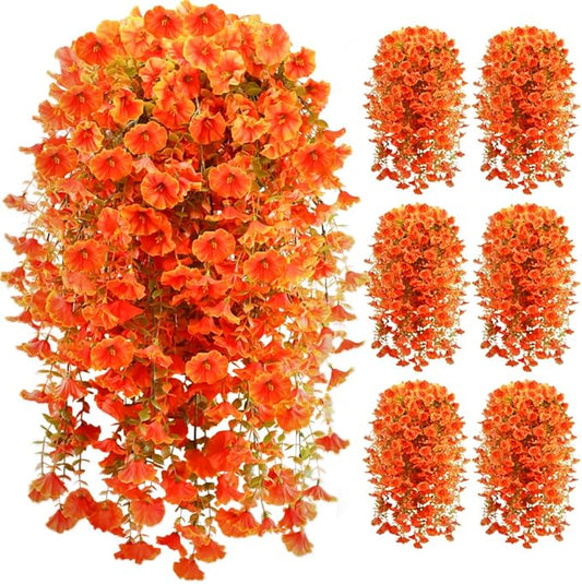 Artificial Fall Flowers for Outdoors Fake Hanging Decoration, 6Pcs Orange Autumn Decor, Realistic Artificial Fall Plants, UV & Fading Resistant Silk Flower for Porch Patio Balcony Planter Yard (Fall)