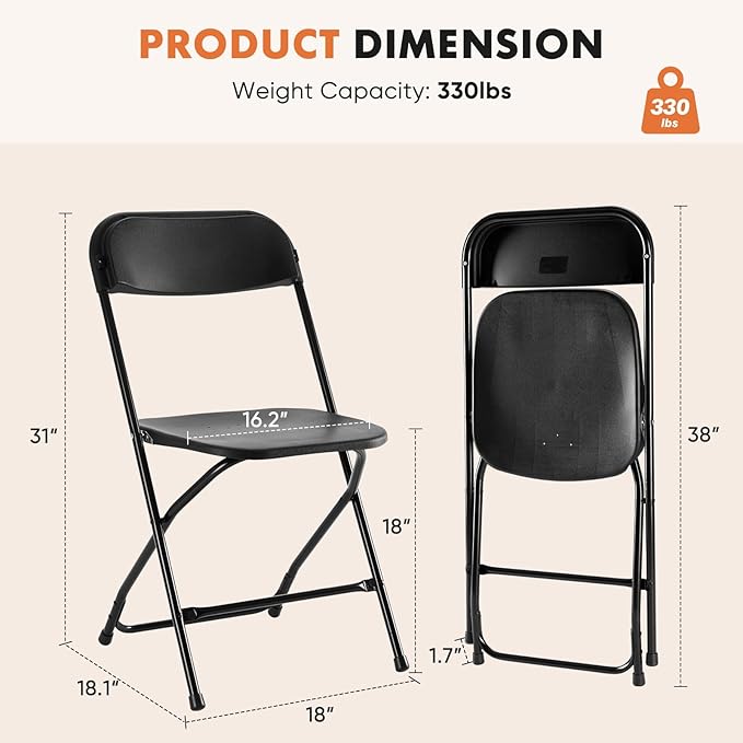 Sweetcrispy Folding Chair 8 Pack, Plastic Foldable Chairs with 330-Pound Capacity, Sturdy Metal Portable Chair, Easy to Use and Store, Outdoor and Indoor, for Home, Office, Party, Comfy, Black