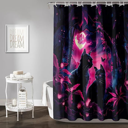 AILONEN Black Cat Shower Curtain,Cartoon Mother Son Kitten Shower Curtain Set for Kids Boys Girls,Boho Style Moon Shower Curtain with Hooks for Bathroom,72" W*96" H