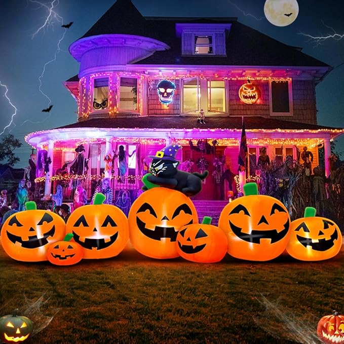 8FT Halloween Inflatables Pumpkin Decorations with Black Cat Decoration Led Light Inflatable Outdoor Decorations Blow up Inflatables for Halloween Holiday Party Lawn Yard Garden Decor