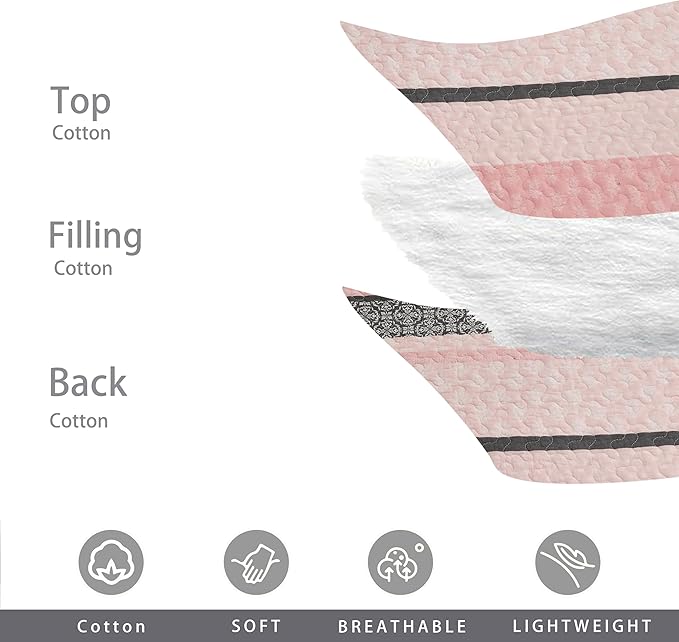 Homzard King Size Comforter Set, Cotton Quilt,Light Pink and Grey Bedding Set,Lightweight Striped Bedspread, Reversible Coverlet King Size (106"X98") with 2 Pillow Shams All Season