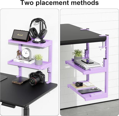2-Tier Desk Shelf, Expandable Under Desk Storage, Clamp on Desk Shelf, Desktop Accessories for Offices, Study Rooms, and Game Rooms (Purple)