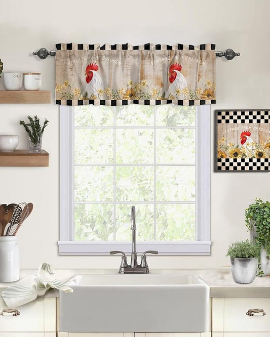 Farmhouse Kitchen Curtains Valances for Windows Sunflower Vintage Farm Chicken Rod Pocket Window Treatment for Kitchen/Living Room/Bedroom/Bathroom,42" X 18" -1 Panel, Black White Plaid