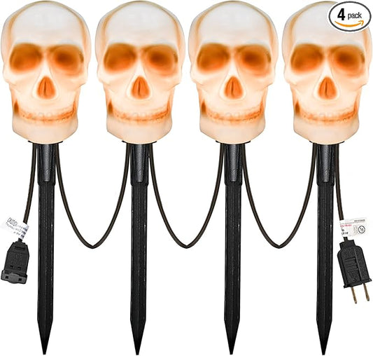 Halloween Skull Pathway Lights, 4 Pack 3D Skeleton Lights with Stakes, Outdoor Connectable C7 Skull Lights for Yard, Garden, Patio, Halloween Party Decor, Black Wire