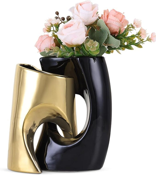 Black and Gold Vase Set of 2, Nordic Modern Ins Style Vases, Boho Ceramic Vases for Centerpieces, Mid Century Abstract Donut Vase, Unique Funky Vase for Wedding, Decorative Pampas Grass Vase Decor