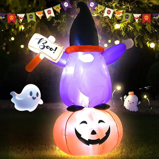 4FT Inflatable Halloween Decoration Blow up Gnome Pumpkin Holding a Sign with The Word Boo in Hand Decor with LED Lights Indoor Outdoor Yard Holiday Graden Party Decor