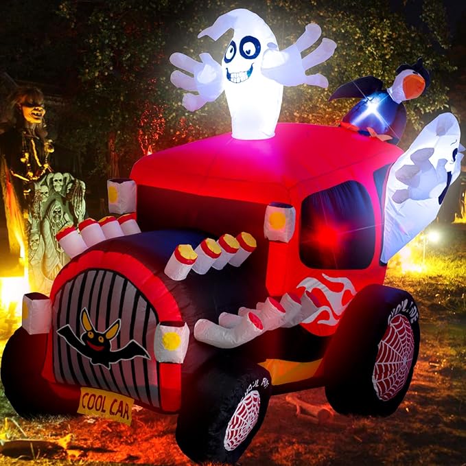 5 Foot Tall Halloween Inflatable Ghost in The Car LED Lights Decor Outdoor Indoor Holiday Decorations,Blow up Lighted Yard Decor, Giant Lawn Inflatable Home Garden Party Decoration