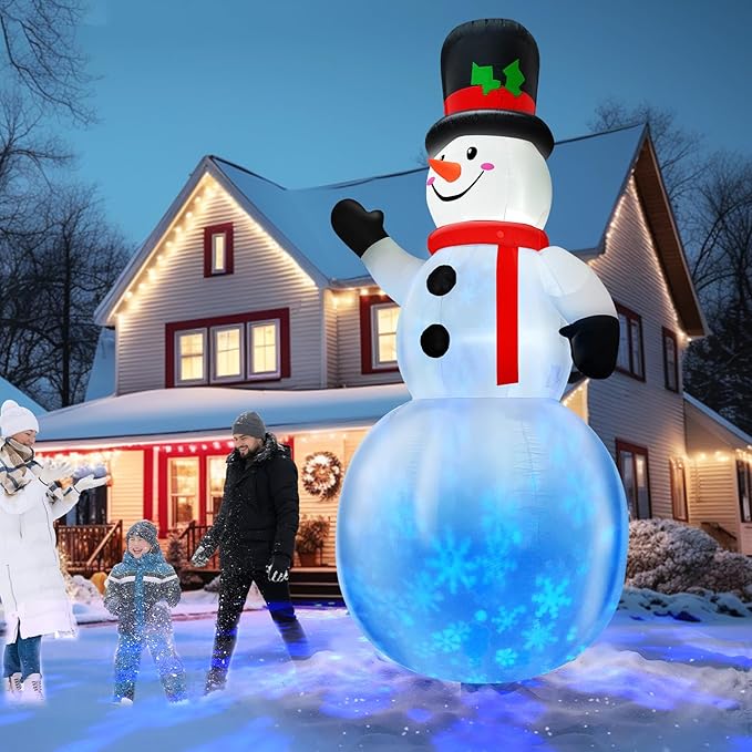 Rotating Snowflake Lights 12 Ft Giant Christmas Inflatables Snowman with Built-in LED Lights Christmas Decorations Outdoor Xmas Blow Up Snowman for Yard Garden Holiday Party Decor
