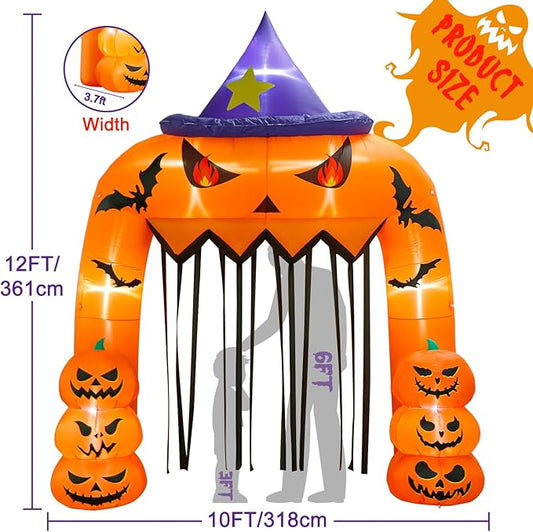 AerWo 12FT Tall Halloween Inflatables Archway Giant Arch, Pumpkin Blow Up With Built-in LED Lights for Outdoor Decorations, Holiday Yard Lawn Garden Party Decor