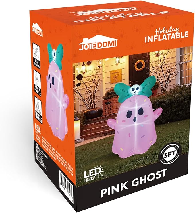 Joiedomi 5ft Tall Halloween Inflatable Ghost Outdoor Decorations, Cute Pink Ghost Blow Up Yard Decorations with Bowknot and LED Light for Halloween Decor, Garden Lawn Indoor Outdoor Party Decor