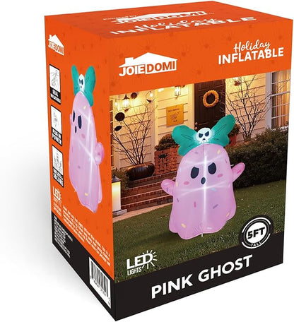 Joiedomi 5ft Tall Halloween Inflatable Ghost Outdoor Decorations, Cute Pink Ghost Blow Up Yard Decorations with Bowknot and LED Light for Halloween Decor, Garden Lawn Indoor Outdoor Party Decor