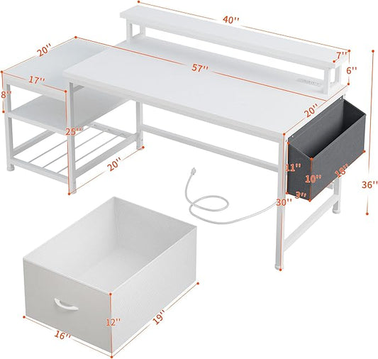 EnHomee 57" Office Desk with Drawers and Printer Space,Computer Desk with Power Outlets,Home Office Desks with File Drawers Cabinet,Study Writing and Gaming Desk with Shelves Monitor Stand,White