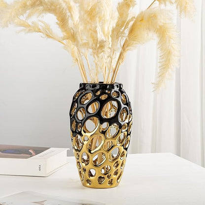 Black and Gold Vases for Centerpieces, Openwork Ceramic Flower Vase 8.7" Hollowed Decorative Pampas Grass Vase Gold Table Decor for Home Living Room Dinner Room Bedroom Office Wedding