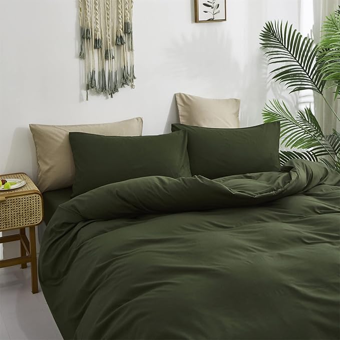 Cottonight Army Green 3 Pcs Comforter Set, Twin Bed Bedding Set with Microfiber Fill, Olive Green Quilt, Fashion Solid Color, Unisex, Minimalist, Summer Fall Winter All Seasons, Machine Wash