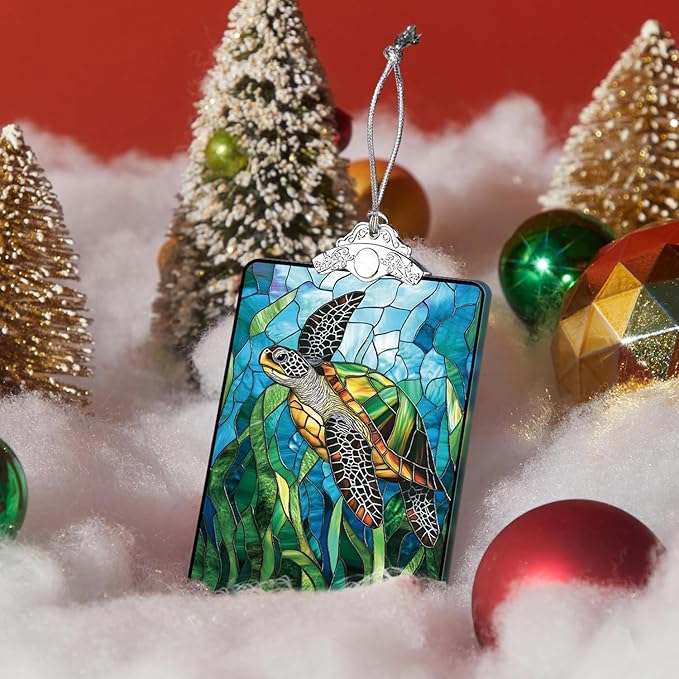 Sea Turtle Stained Glass Ornament, 2025 Christmas Tree Hanging Decoration for Gift Exchange or Stocking Stuffer, Holiday Decor, 3.8 x 2.4 Inch