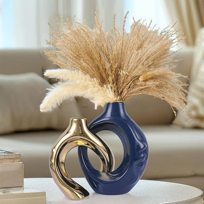 Blue Gold Ceramic Vase Set of 2 for Modern Home Decor,Round Boho Vase for Pampas Grass,Neutral Minimalist Vase for Dining Room Table Centerpiece Dining Room,Wedding Table Decoration