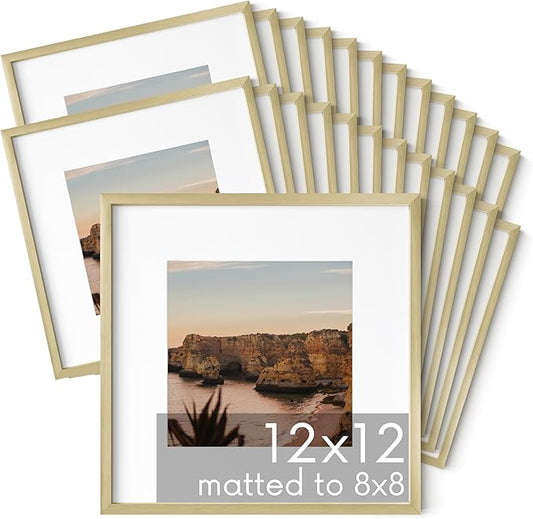 HAUS AND HUES 12x12 Gold Metal Picture Frames Matted to 8x8 - Features Premium Aluminum & Hanging Hardware, Shatterproof Plexiglass - Ideal for Home, Room, Office (12x12 in, Gold, Set of 25)