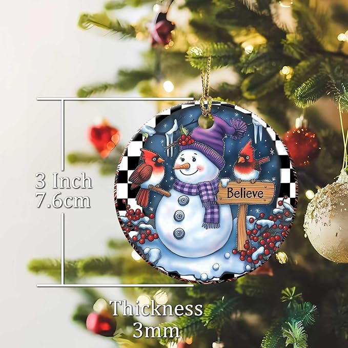 Snowman Cardinal Ornaments Believe Round Ceramic Ornament Christmas Keepsake Decor for Christmas Tree Winter Holiday Xmas Gift for Women Men Hanging Ornament 3"