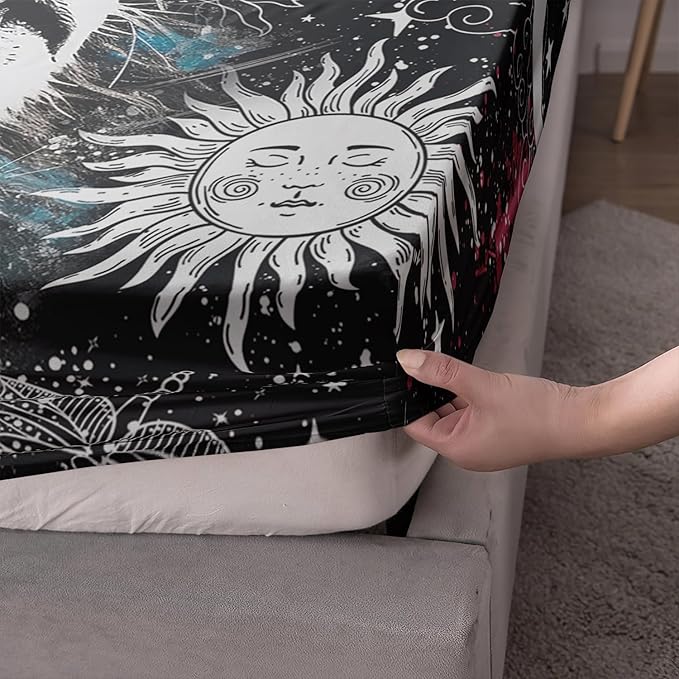 AILONEN Lion Print Twin XL Size Fitted Sheet Set for Boys, Sun and Moon Bed Sheet Cover Set TwinXL,3 Pieces Black and White Sheet Set TwinXL Galaxy Lion Fitted Sheet with 2 Pillowcases