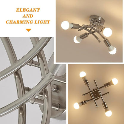 BUXVRCS Semi Flush Mount Ceiling Light Fixture, Modern Sputnik Chandelier Light Fixtures, Industrial Kitchen Light Fixtures Ceiling Mount, 4-Light Dining Room Light Fixture Bedroom (Brushed Nickel)