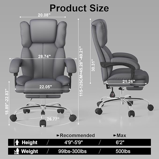 Big and Tall Office Chair, Ergonomic Leather High Back Executive Computer Chair with Retractable Footrest, Adjustable Headrest, Padded Arms, 360°Swivel Free, 90-135°Reclining, 500lbs Wide Seat, Gray