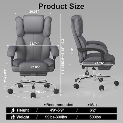 Big and Tall Office Chair, Ergonomic Leather High Back Executive Computer Chair with Retractable Footrest, Adjustable Headrest, Padded Arms, 360°Swivel Free, 90-135°Reclining, 500lbs Wide Seat, Gray