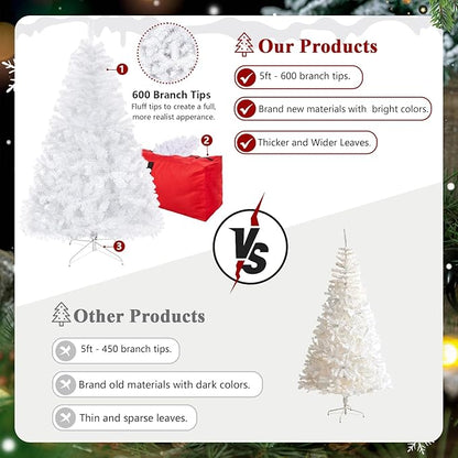 5ft Artificial Christmas Tree, Arbol de Navidad with 600 Branch Tips, Premium North Valley Spruce with Foldable Base Stand, Xmas Tree for Home, Office,Party Decoration-White