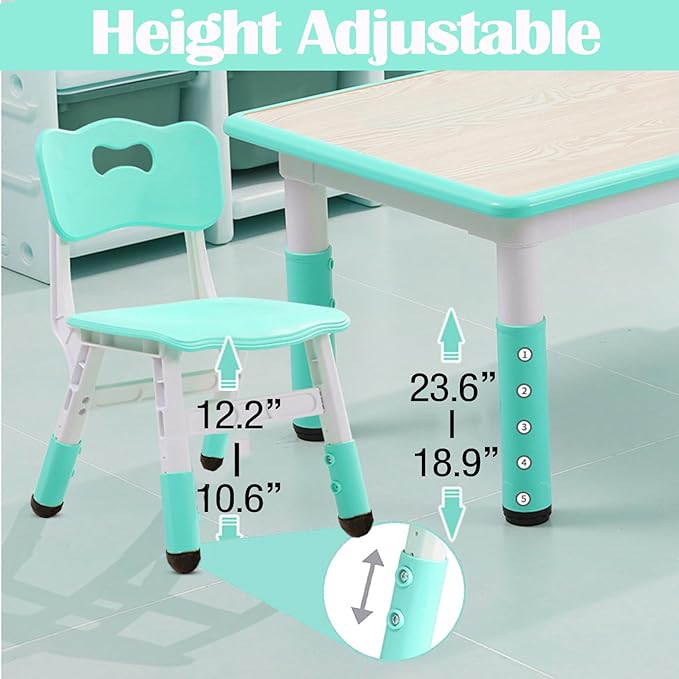 Kids Table and 6 Chair Set - Height Adjustable, Multifunctional Desk, Ergonomically Designed Chairs, Max 300lbs, for Ages 2-10, Classroom, Daycares, Home