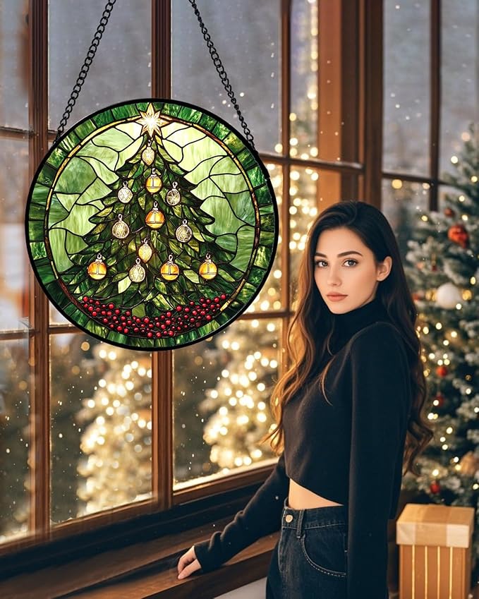 Stained Glass Window Hanging - Green Christmas Tree Golden Bells Suncatcher for Doors Home Christmas Decoration Sun Catcher Thanksgiving New Year Birthday Gift for Women Men Mom Nana 11.8 in
