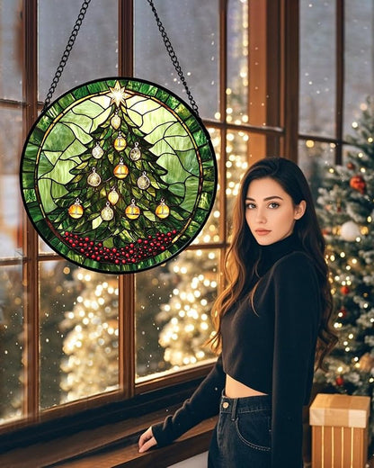 Stained Glass Window Hanging - Green Christmas Tree Golden Bells Suncatcher for Doors Home Christmas Decoration Sun Catcher Thanksgiving New Year Birthday Gift for Women Men Mom Nana 11.8 in