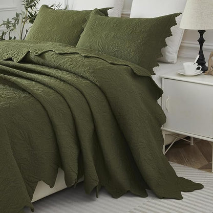 Brandream Queen Size Quilt Set Cotton Green Quilts Luxury Farmhouse Bedding Set Matelasse Coverlet Scalloped Quilt Set 3-Piece