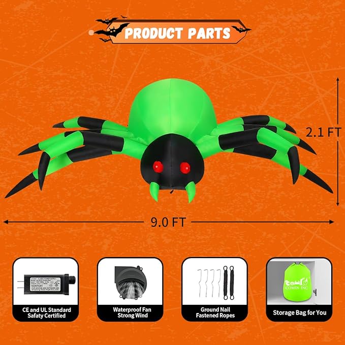 COMIN 9FT Width Halloween Inflatables Outdoor Decorations Spider Blow Up Yard Decoration with Built-in LED for Yard Garden Party Lawn (Green)