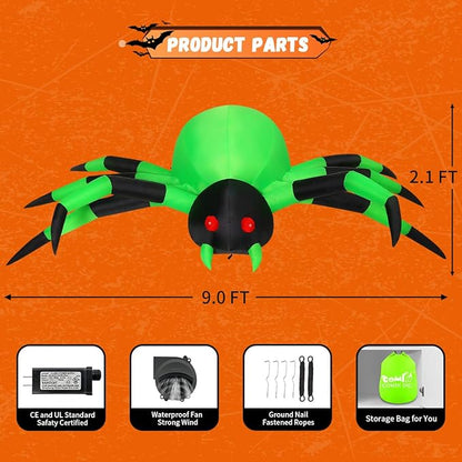 COMIN 9FT Width Halloween Inflatables Outdoor Decorations Spider Blow Up Yard Decoration with Built-in LED for Yard Garden Party Lawn (Green)