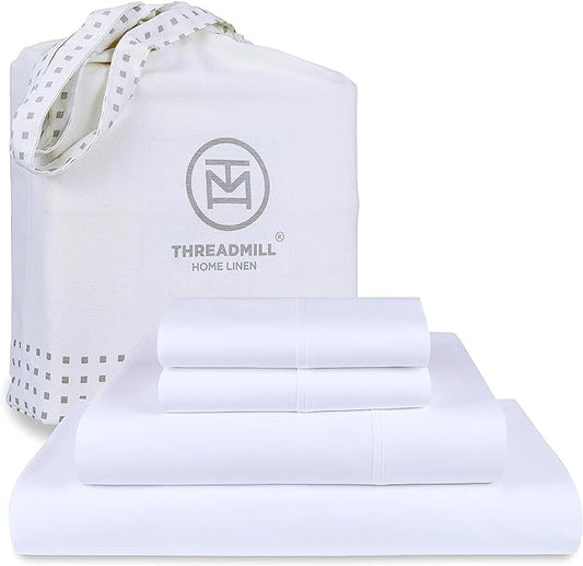 Threadmill Luxury 800 Thread Count Full Size 100% Cotton Sheets - Hotel White Sateen Weave Bed-Sheets, Better Than Egyptian Cotton, 4 Pc Solid Bed Set, Fits 16" Deep Pocket