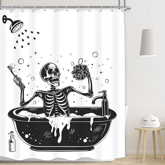 LGhtyro Funny Skull Halloween Shower Curtain Bathroom Set 60Wx71H Inches Black White Gothic Skeleton Bathing in Bathtub Spooky Cool Bath Accessories for Men Boys Art Home Decor Fabric 12 Pack Hooks