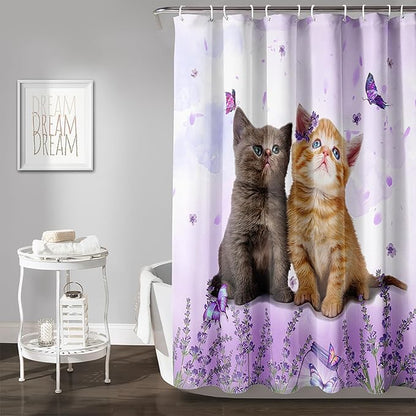 AILONEN Cartoon Cat Shower Curtain, Kawaii Kittens with Purple Flower Shower Curtain for Kids Girls Boys Bathroom Decor,Cute Pet Cat Lover Waterproof Shower Curtains Sets with Hooks,72" W*72" H