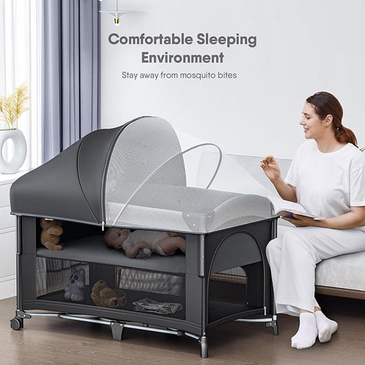 4 in 1 Baby Bassinet, Pack and Play, Bedside Crib Sleeper, Diaper Changer - Comes with Mattress, Mosquito Net，Bottom Storage and Toy Bar for Newborn to Toddles