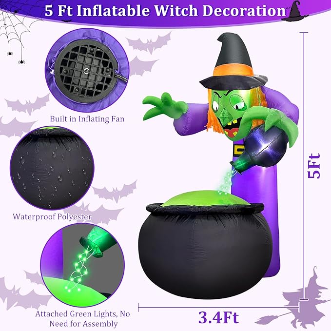 TURNMEON 5 Ft Halloween Inflatable Witch with Cauldron and Green LED String Light, Halloween Decorations Outdoor Blow Up Witch Pot with Build-in LEDs Halloween Yard Decor for Indoor Party Garden Lawn
