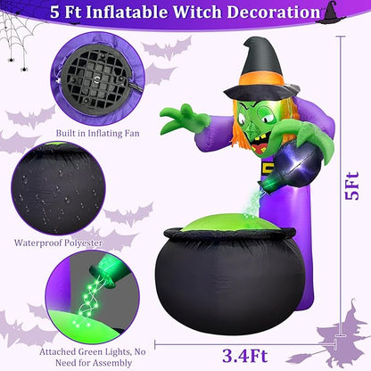 TURNMEON 5 Ft Halloween Inflatable Witch with Cauldron and Green LED String Light, Halloween Decorations Outdoor Blow Up Witch Pot with Build-in LEDs Halloween Yard Decor for Indoor Party Garden Lawn