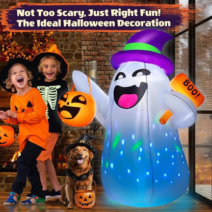 5FT Halloween Inflatables Ghost Built-in Colorful Flashing LED Lights, Cute Halloween Decorations Outdoor with Pumpkin Boo, Blow Up Yard Decorations for Indoor Yard Party (1PCS)