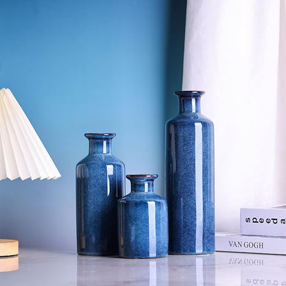 Navy Blue Ceramic Vases Set 3,Modern Farmhouse for Home Decor Bottles,Small Rustic Terracotta Vase for Living Room,CoffeeTable Centerpieces,Fireplace,Entrance,Bookshelf,Dark Blue Coastal Decor