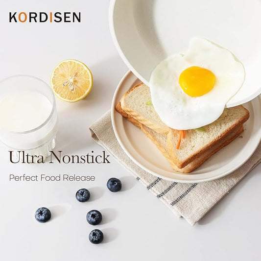 Kordisen Ceramic Nonstick Frying Pan Skillet Set with Lid, 3 Piece Ceramic Pans for Cooking Non Toxic, Healthy Induction Cookware, Stay-Cool Handle, PFOA & PFAS Free (8 Inch, 9.5 Inch, 11 Inch)