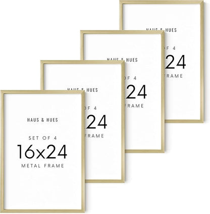 HAUS AND HUES 16x24 Gold Metal Picture Frames - Features Premium Aluminum, Vertical & Horizontal Hang, Shatterproof Plexiglass - Perfect for Home, Room, Office (16x24 in, Gold, Set of 4)