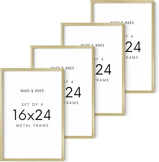 HAUS AND HUES 16x24 Gold Metal Picture Frames - Features Premium Aluminum, Vertical & Horizontal Hang, Shatterproof Plexiglass - Perfect for Home, Room, Office (16x24 in, Gold, Set of 4)