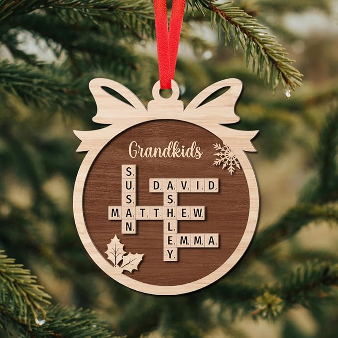 Personalized Wooden Crossword Art, Custom Grandkids Ornament, Custom Christmas Tree Ornament