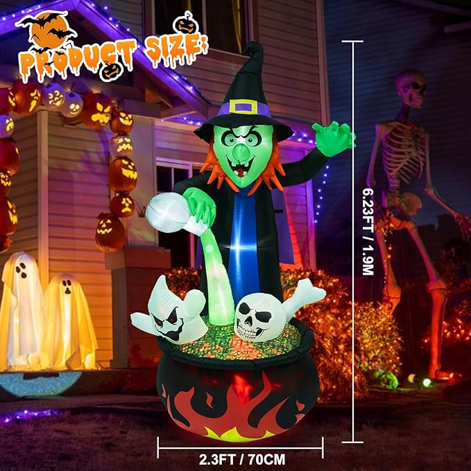CAMULAND Halloween Decorations Outdoor, Halloween Inflatable Blow Up Witch Pouring Magic Water Decor with Built-in LED Lights Trick or Treat for Indoor Lawns Yards Party Home