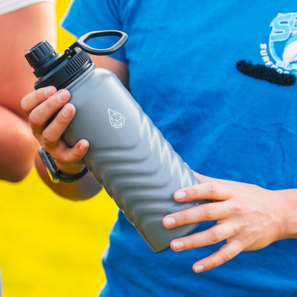 24 oz Insulated Water Bottle - Gray Water Bottle with Straw (Straw Lid & Spout Lid) & Silicone Handle & Boot - Wide Mouth Stainless Steel Water Bottles - BPA Free - (Gray, 750ml)